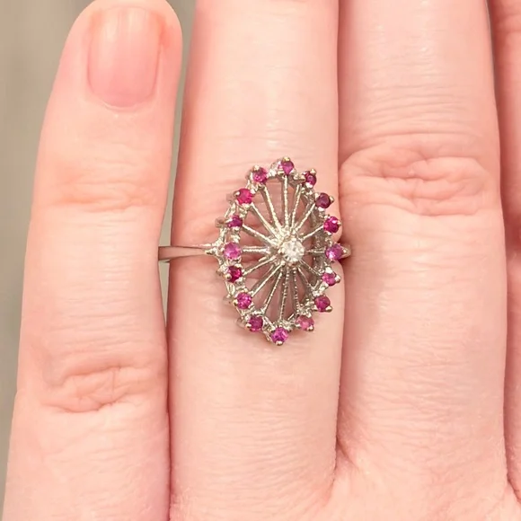 Vintage 14K PSCO Natural Ruby Diamond Ring Art Nouveau Size 7 Filigree Starburst - Picture 6 of 16